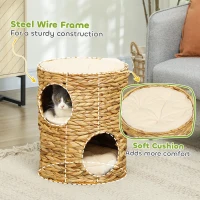 PawHut 2-Storey Cat Condo Barrel, Small Cat Tree Tower with Top Perch and 2 Hideaways, 2 Entrances, 3 Cushions, Light Brown(m-6)