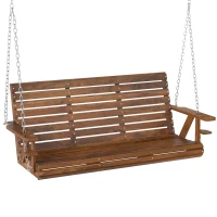 Outsunny 3-Seater Swing Bench, Wooden Porch Swing with Cupholders, Hanging Chains for Patio Garden, Carbonized(m-11)