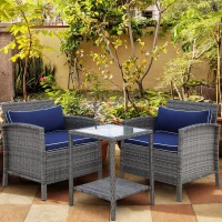 Outsunny 3 Piece Patio Furniture Set w/ Cushions, PE Rattan Outdoor Table And Chairs, 2-Tier Glass Top Coffee Table, Blue(m-10)