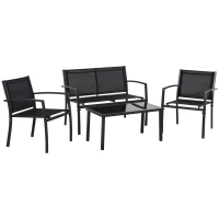 Outsunny 4-Piece Patio Furniture Set with Glass Top Coffee Table, Breathable Mesh Seat & Backrest for Garden, Balcony, Black(m-2)