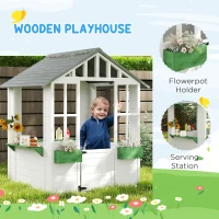 Outsunny Kids Wooden Playhouse, Outdoor Garden Games Cottage with Flowers Pot Holder, Working Door, Windows, White(m-6)