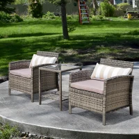 Outsunny 3 Piece Patio Furniture Set w/ Cushions, PE Rattan Outdoor Table And Chairs, 2-Tier Glass Top Coffee Table, Striped(m-10)