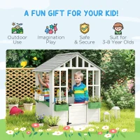 Outsunny Kids Wooden Playhouse, Outdoor Garden Games Cottage with Flowers Pot Holder, Working Door, Windows, White(m-4)