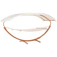 Outsunny Outdoor Hammock with Stand & Accessories, Heavy Duty Wooden Frame, Extra Large Sun Shade Canopy, Indoor Outside Boho Style Nap Bed, Natural Cotton, White(m-12)