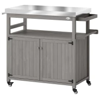 Outsunny Outdoor Grill Cart w/ Stainless Steel Top, Solid Wood Outdoor Kitchen Island w/ Wheels, Storage Cabinets, Gray(m-12)