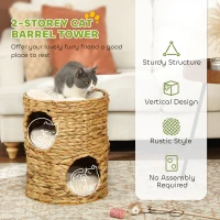 PawHut 2-Storey Cat Condo Barrel, Small Cat Tree Tower with Top Perch and 2 Hideaways, 2 Entrances, 3 Cushions, Light Brown(m-4)