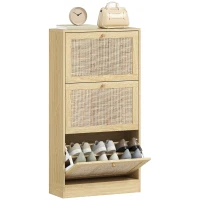 HOMCOM Rattan Shoe Storage Cabinet with 3 Flip Drawers and Adjustable Shelves, Entryway Shoe Cabinet for 18 Pairs, Oak(m-11)