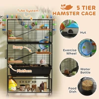 PawHut 5 Tier Hamster Cage, Rolling Rat Cage with Deep Tray, Storage Shelf, Big Exercise Wheel, Hut, Tube System(m-5)