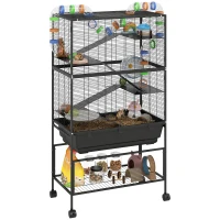 PawHut 5 Tier Rolling Hamster Cage with 7" Deep Tray, Storage Shelf, Big Exercise Wheel, Tube System, for Syrian, Gerbil, Rat(m-11)