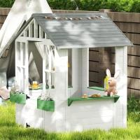 Outsunny Kids Wooden Playhouse, Outdoor Garden Games Cottage with Flowers Pot Holder, Working Door, Windows, White(m-7)