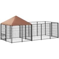 PawHut Large Outdoor Dog Kennel with Rotating & Adjustable Height Bowls, Waterproof & UV-Resistant Canopy, 11.3' x 4.7' x 5.1'(m-11)