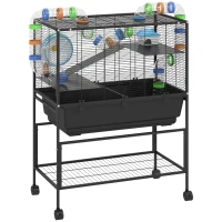 PawHut 3 Tier Hamster Cage, Rolling Rat Cage with Deep Tray, Storage Shelf, Big Exercise Wheel, Hut, Tube System(m-12)