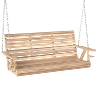 Outsunny 3-Seater Swing Bench, Wooden Porch Swing with Cupholders, Hanging Chains for Patio Garden, Nature Wood(m-12)