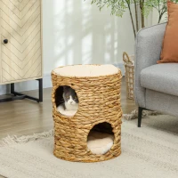 PawHut 2-Storey Cat Condo Barrel, Small Cat Tree Tower with Top Perch and 2 Hideaways, 2 Entrances, 3 Cushions, Light Brown(m-8)