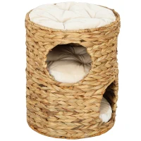 PawHut 2-Storey Cat Condo Barrel, Small Cat Tree Tower with Top Perch and 2 Hideaways, 2 Entrances, 3 Cushions, Light Brown(m-2)