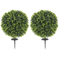 HOMCOM 2 Pack 1.3ft Artificial Ball Eucalyptus Topiary with Ground Stake, UV Resistant Faux Greenery for Indoor Outdoor