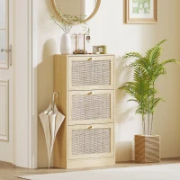 HOMCOM Rattan Shoe Storage Cabinet with 3 Flip Drawers and Adjustable Shelves, Entryway Shoe Cabinet for 18 Pairs, Oak(m-8)