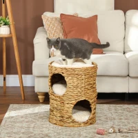 PawHut 2-Storey Cat Condo Barrel, Small Cat Tree Tower with Top Perch and 2 Hideaways, 2 Entrances, 3 Cushions, Light Brown(m-1)