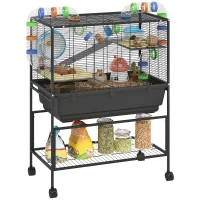 PawHut 3 Tier Hamster Cage, Rolling Rat Cage with Deep Tray, Storage Shelf, Big Exercise Wheel, Hut, Tube System(m-11)