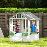Outsunny Kids Wooden Playhouse, Outdoor Garden Games Cottage with Flowers Pot Holder, Working Door, Windows, White(m-2)