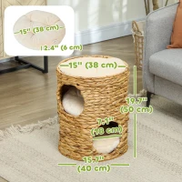 PawHut 2-Storey Cat Condo Barrel, Small Cat Tree Tower with Top Perch and 2 Hideaways, 2 Entrances, 3 Cushions, Light Brown(m-3)