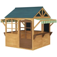 Qaba Wooden Foldable Outdoor Playhouse for Kids Ages 3-8, Snack Bars, Working Door, Rain Covers, Blackboards, Brown(m-3)