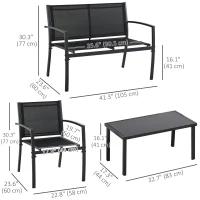 Outsunny 4-Piece Patio Furniture Set with Glass Top Coffee Table, Breathable Mesh Seat & Backrest for Garden, Balcony, Black(m-3)
