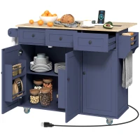 HOMCOM Kitchen Island on Wheels with Drop Leaf, Charging Station, Rolling Kitchen Cart with Wood Top, Adjustable Shelf, Blue(m-11)