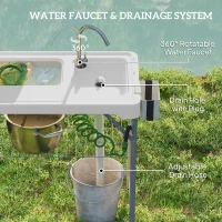 Outsunny Folding Fish Cleaning Table with Sinks, Portable Camping Sink Table with Faucet, Drainage Hose, Sprayer, Shelf, Drawer and Storage Basket, Outdoor Fillet Table for Picnic Beach Patio, White(m-4)