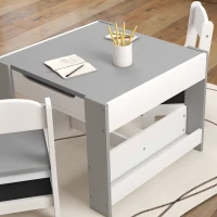Qaba 3pc Kids Table and Chair Set with Reversible Tabletop Blackboard, Storage & Bookshelves, Gray(m-9)