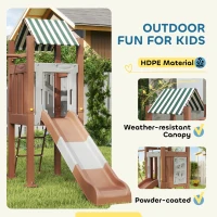 Qaba Kids Swing Set with 6 FT Slide, 2 Adjustable Swings, Fort with Canopy, Ladder, Ground Stakes for Ages 3-8, Brown(m-7)