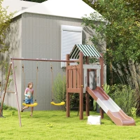 Qaba Kids Swing Set with 6 FT Slide, 2 Adjustable Swings, Fort with Canopy, Ladder, Ground Stakes for Ages 3-8, Brown(m-10)