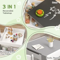 Qaba 3pc Kids Table and Chair Set with Reversible Tabletop Blackboard, Storage & Bookshelves, Gray(m-4)