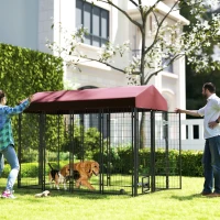 PawHut Outdoor Dog Kennel with Rotating Bowl Holders, Walk-in Pet Playpen with Waterproof Cover, 8' x 4' x 6', Red(m-10)