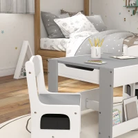 Qaba 3pc Kids Table and Chair Set with Reversible Tabletop Blackboard, Storage & Bookshelves, Gray(m-8)
