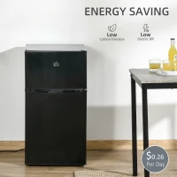 HOMCOM 3.2 Cu.Ft Mini Fridge with Freezer, Double Door Compact Refrigerator with Adjustable Thermostat, Shelf and Reversible Door for Bedroom, Dorm, Home Office, Energy Efficient, Black(m-9)