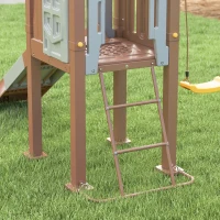 Qaba Kids Swing Set with 6 FT Slide, 2 Adjustable Swings, Fort with Canopy, Ladder, Ground Stakes for Ages 3-8, Brown(m-9)