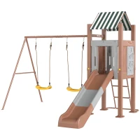 Qaba Kids Swing Set with 6 FT Slide, 2 Adjustable Swings, Fort with Canopy, Ladder, Ground Stakes for Ages 3-8, Brown(m-1)