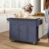 HOMCOM Kitchen Island on Wheels with Drop Leaf, Charging Station, Rolling Kitchen Cart with Wood Top, Adjustable Shelf, Blue(m-10)