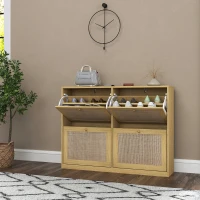 HOMCOM Narrow Shoe Storage Cabinet, Rattan Shoe Cabinet with 4 Flip Drawers and Adjustable Shelves for 20 Pairs, Oak(m-10)