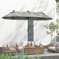 Outsunny Double-sided Outdoor Patio Umbrella with Solar Lights and Base, Dining Table Umbrella Push Button Tilt, Gray(m-9)