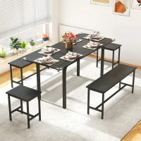 HOMCOM Extendable Dining Table Set, 5-Piece Dining Set for 4-6 with 2 Benches and 2 Stools for Small Spaces, Black(m-1)