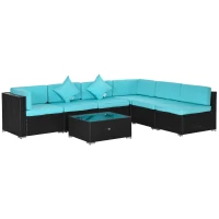 Outsunny 7-Piece Patio Furniture Set, Outdoor Wicker Conversation Set, All Weather PE Rattan Sectional Sofa Set with Cushions and Tempered Glass Top Coffee Table, Pillows, Turquoise(m-1)