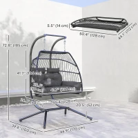 Outsunny Double Wicker Egg Swing Chair with Stand, Foldable Hanging Egg Chair with UV Resistant Cushion, Headrest, Dark Grey(m-3)