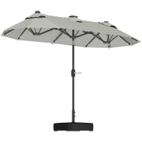 Outsunny Double-sided Outdoor Patio Umbrella with Solar Lights and Base, Dining Table Umbrella Push Button Tilt, Gray(m-1)