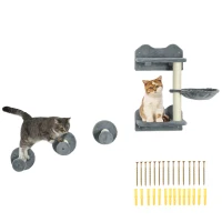 PawHut 4Pcs Cat Wall Shelf with Scratching Posts, Hammock, Steps, Platforms, Cat Shelves for Relaxing, Sleeping, Jumping, Cat Wall Climber for Indoor Cats, Grey(m-2)