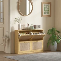 HOMCOM Narrow Shoe Storage Cabinet, Rattan Shoe Cabinet with 4 Flip Drawers and Adjustable Shelves for 20 Pairs, Oak(m-1)