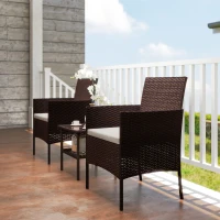 Outsunny Wicker Bistro Set, 3 Piece Patio Furniture Set with 2-Tier Glass Top Table, Cushions for Balcony, Porch, Beige(m-9)