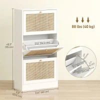 HOMCOM Rattan Shoe Storage Cabinet with 3 Flip Drawers and Adjustable Shelves, Entryway Shoe Cabinet for 18 Pairs, White(m-3)