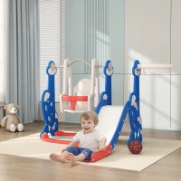 Qaba 4-in-1 Slide and Swing Set with Basketball Hoop, Climber, for Ages 1.5-4 Boys Girls Toddler, Rocket Themed, Dark Blue(m-1)